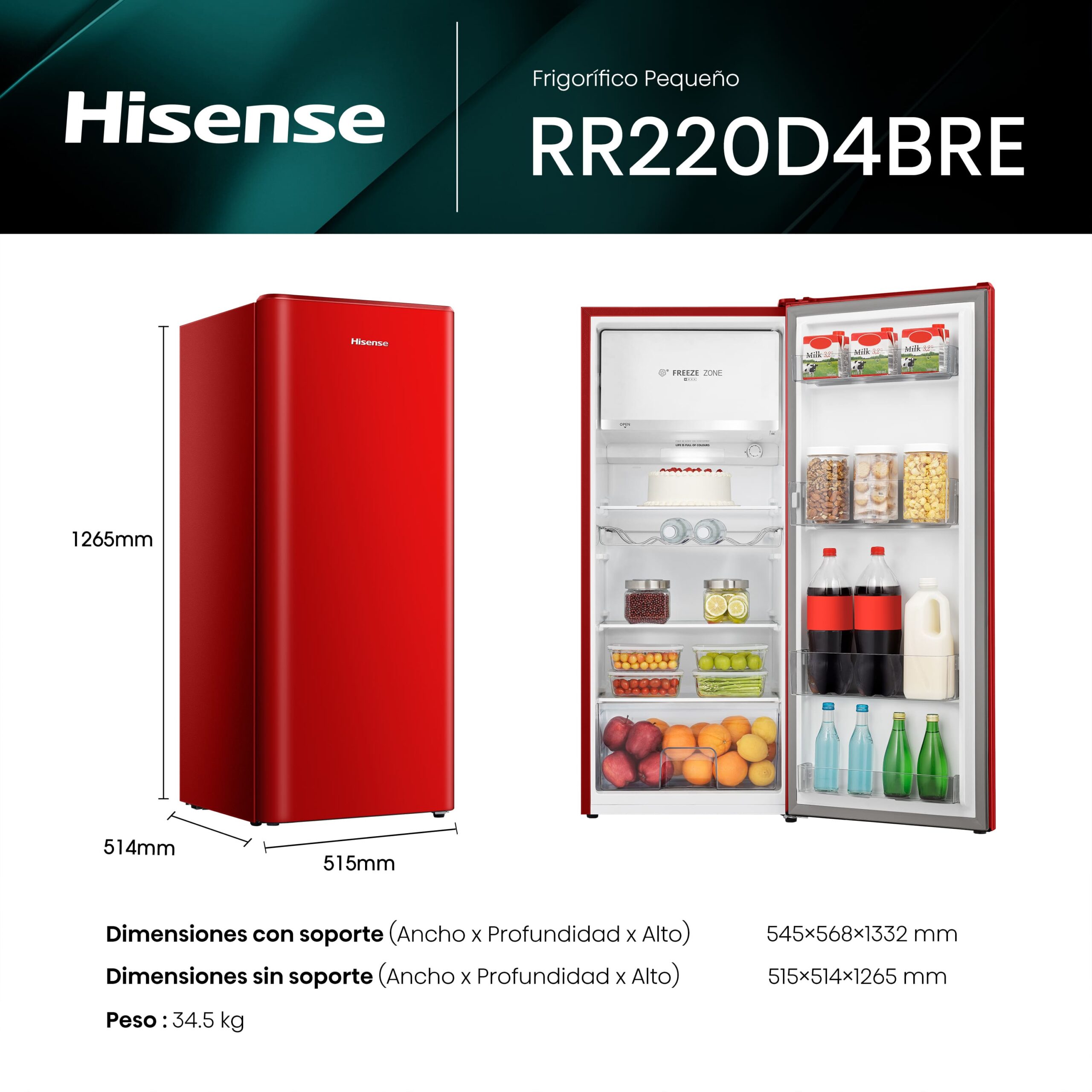 FRIGORIFICO 1P. HISENSE RR220D4BRE 126,5X51,5 CICLICO E C/CONG. ROJO 165L